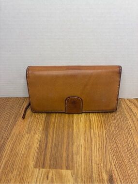 Vintage Tan Leather Guang Tong Women's Continental Bifold Strap Button Wallet